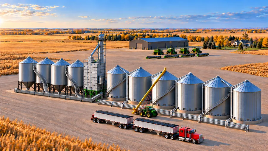 Farmyard visualization showing storage and drying equipment within the larger site
